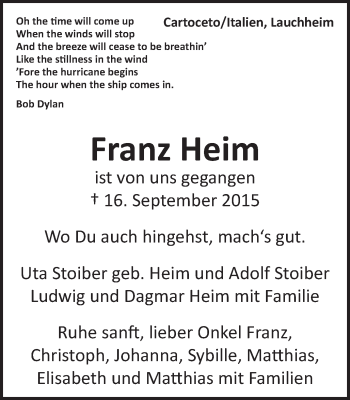 Traueranzeige von Franz Heim von Schwäbische Post