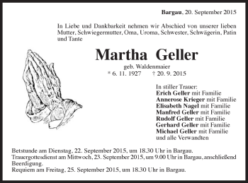 Traueranzeige von Martha Geller von Gmünder Tagespost