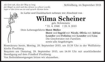 Traueranzeige von Wilma Scheiner von Schwäbische Post