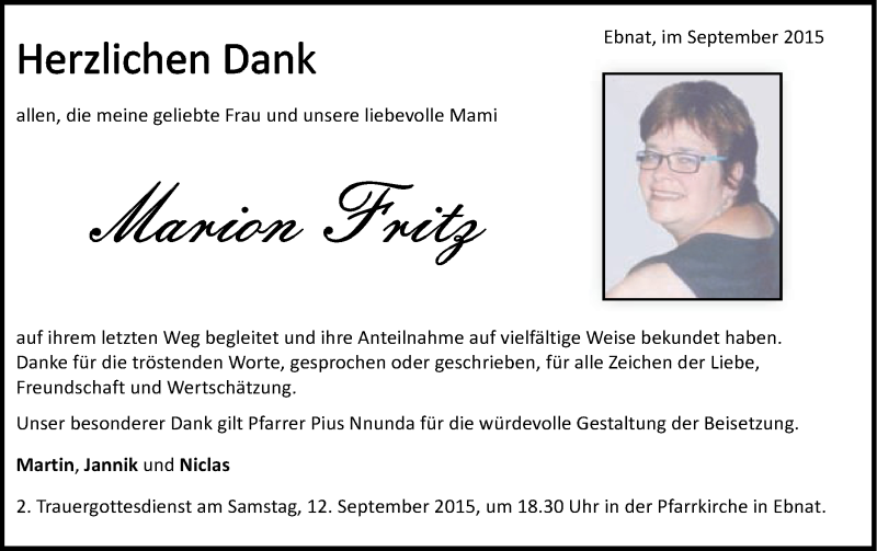  Traueranzeige für Marion Fritz vom 09.09.2015 aus Schwäbische Post