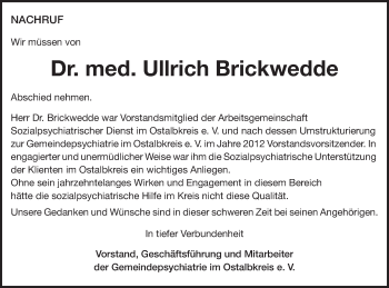 Traueranzeige von Ullrich Brickwedde von Schwäbische Post