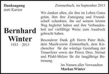 Traueranzeige von Bernhard Winter von Gmünder Tagespost
