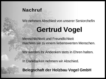 Traueranzeige von Gertrud Vogel von Schwäbische Post