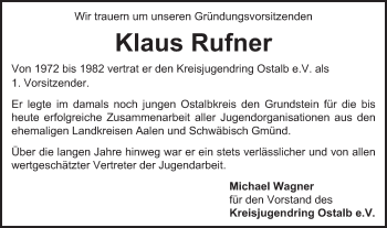 Traueranzeige von Klaus Rufner von Gmünder Tagespost