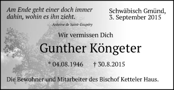 Traueranzeige von Gunther Köngeter von Gmünder Tagespost