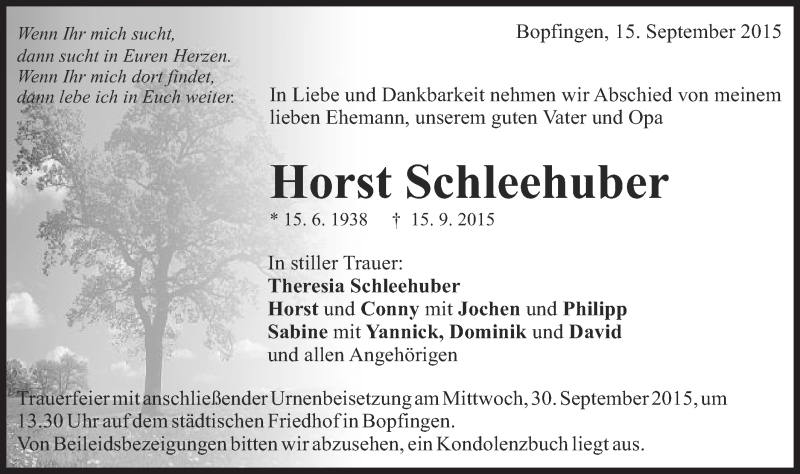  Traueranzeige für Horst Schleehuber vom 29.09.2015 aus Schwäbische Post
