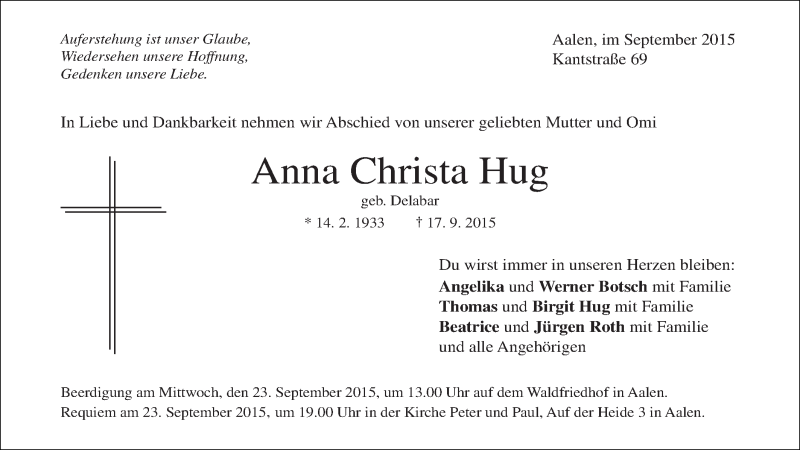  Traueranzeige für Anna Christa Hug vom 21.09.2015 aus Schwäbische Post