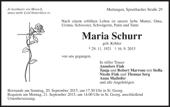 Traueranzeige von Maria Schurr von Gmünder Tagespost