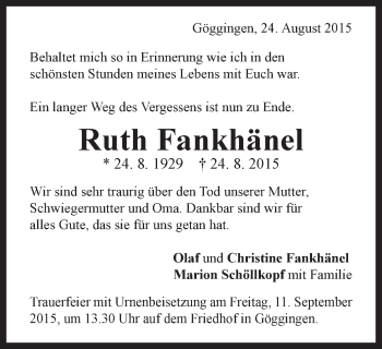Traueranzeige von Ruth Fankhänel von Gmünder Tagespost