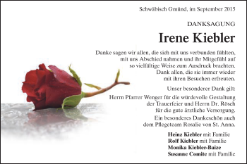Traueranzeige von Irene Kiebler von Gmünder Tagespost