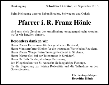 Traueranzeige von Franz Hönle von Gmünder Tagespost