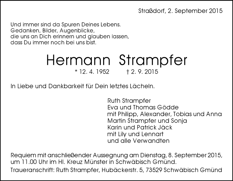  Traueranzeige für Hermann Strampfer vom 04.09.2015 aus Gmünder Tagespost
