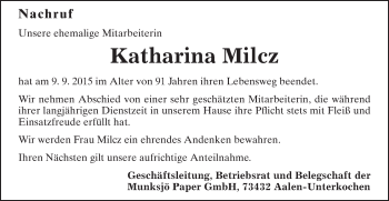 Traueranzeige von Katharina Milcz von Schwäbische Post