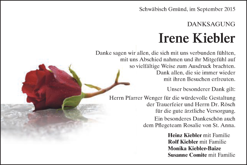  Traueranzeige für Irene Kiebler vom 26.09.2015 aus Gmünder Tagespost
