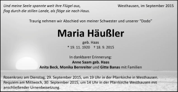 Traueranzeige von Maria Häußler von Schwäbische Post