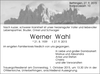 Traueranzeige von Werner Wahl von Gmünder Tagespost