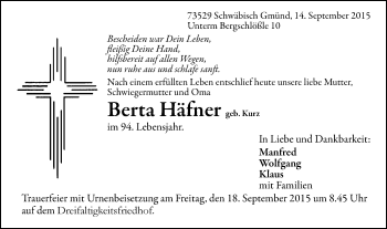 Traueranzeige von Berta Häfner von Gmünder Tagespost