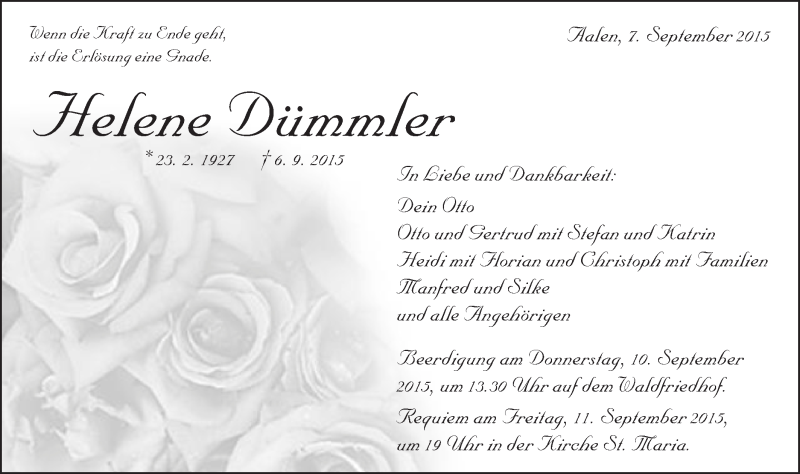  Traueranzeige für Helene Dümmler vom 07.09.2015 aus Schwäbische Post