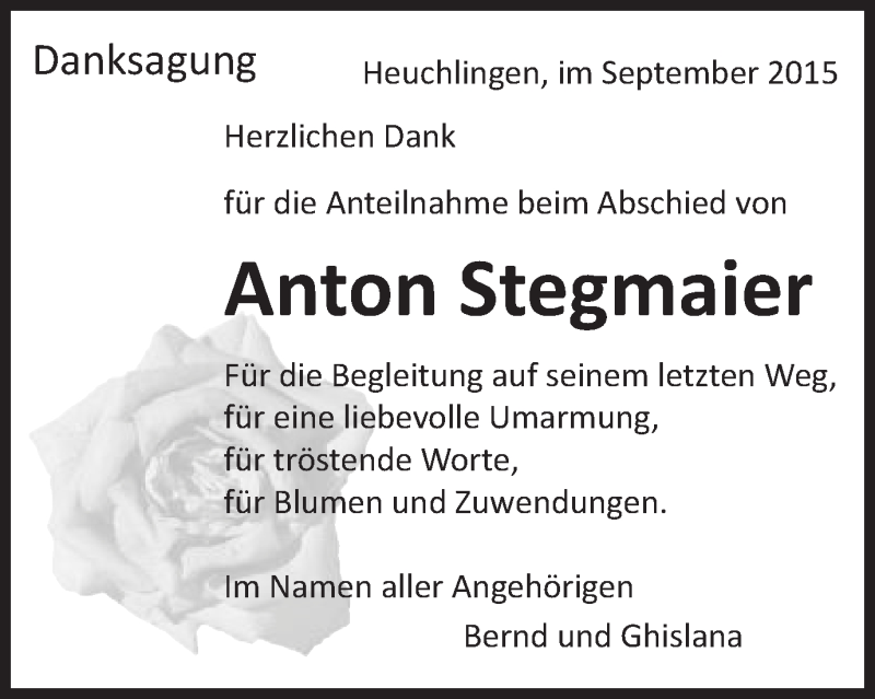  Traueranzeige für Anton Stegmaier vom 19.09.2015 aus Gmünder Tagespost