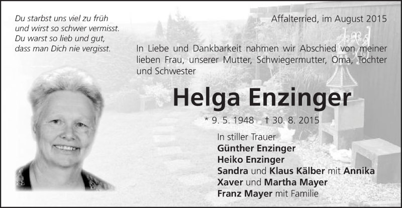  Traueranzeige für Helga Enzinger vom 09.09.2015 aus Schwäbische Post