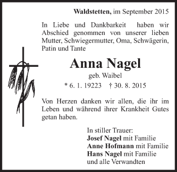 Traueranzeige von Anna Nagel von Gmünder Tagespost
