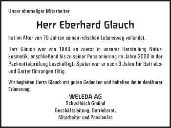 Traueranzeige von Eberhard Glauch von Gmünder Tagespost
