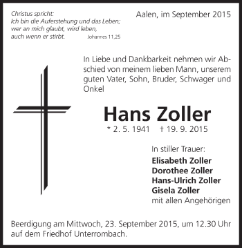 Traueranzeige von Hans Zoller von Schwäbische Post