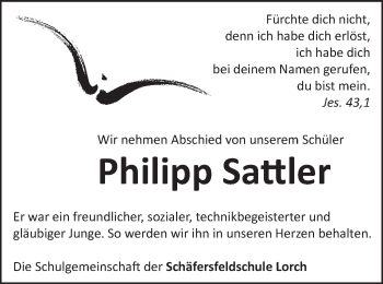 Traueranzeige von Philipp Sattler von Gmünder Tagespost