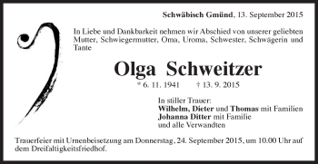Traueranzeige von Olga Schweitzer von Gmünder Tagespost