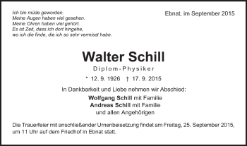 Traueranzeige von Walter Schill von Schwäbische Post