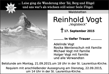 Traueranzeige von Reinhold Vogt von Gmünder Tagespost