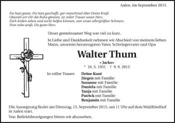 Traueranzeige von Walter Thum von Schwäbische Post