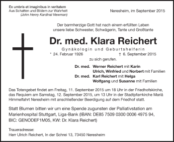 Traueranzeige von Klara Reichert von Schwäbische Post