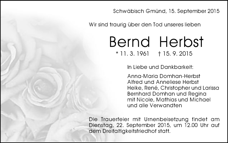  Traueranzeige für Bernd Herbst vom 18.09.2015 aus Gmünder Tagespost