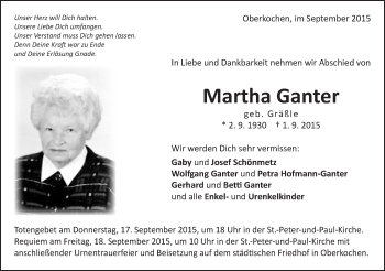 Traueranzeige von Martha Ganter von Schwäbische Post