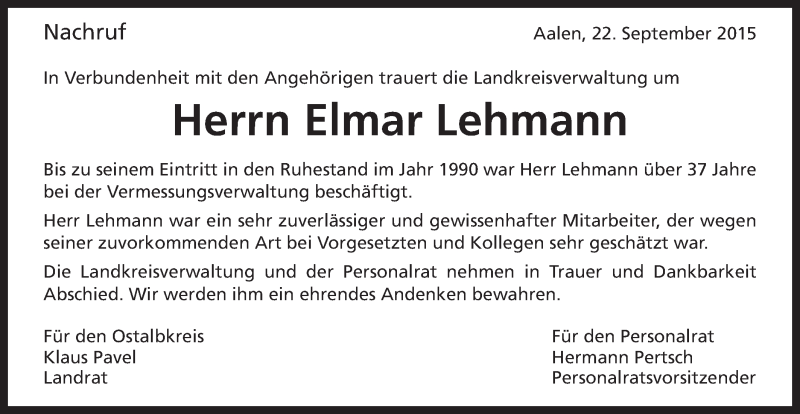  Traueranzeige für Elmar Lehmann vom 22.09.2015 aus Schwäbische Post