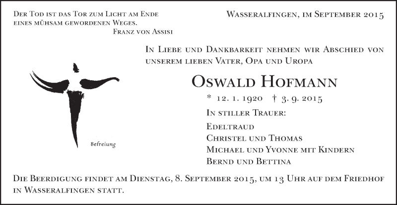  Traueranzeige für Oswald Hofmann vom 05.09.2015 aus Schwäbische Post