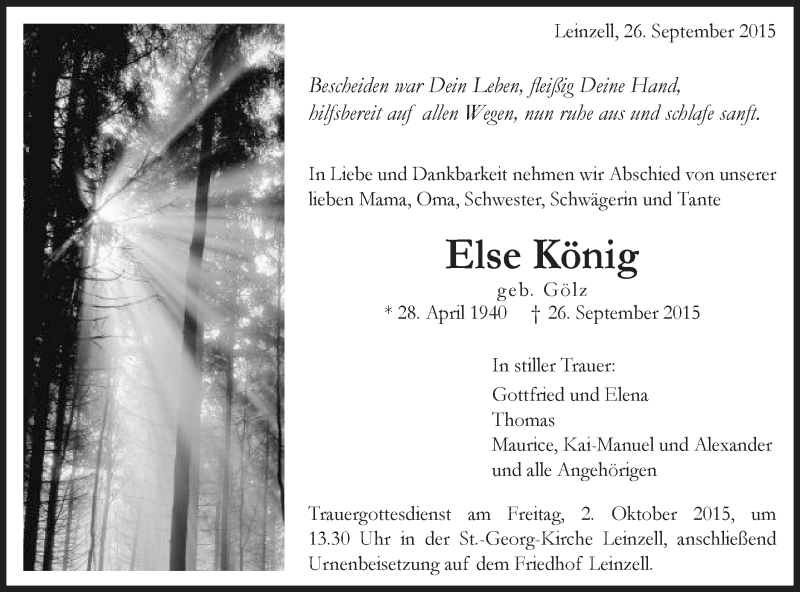  Traueranzeige für Else König vom 29.09.2015 aus Gmünder Tagespost