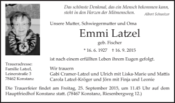 Traueranzeige von Emmi Latzel von Schwäbische Post