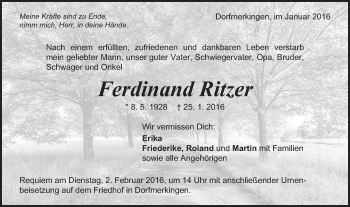 Traueranzeige von Ferdinand Ritzer von Schwäbische Post