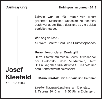 Traueranzeige von Josef Kleefeld von Schwäbische Post