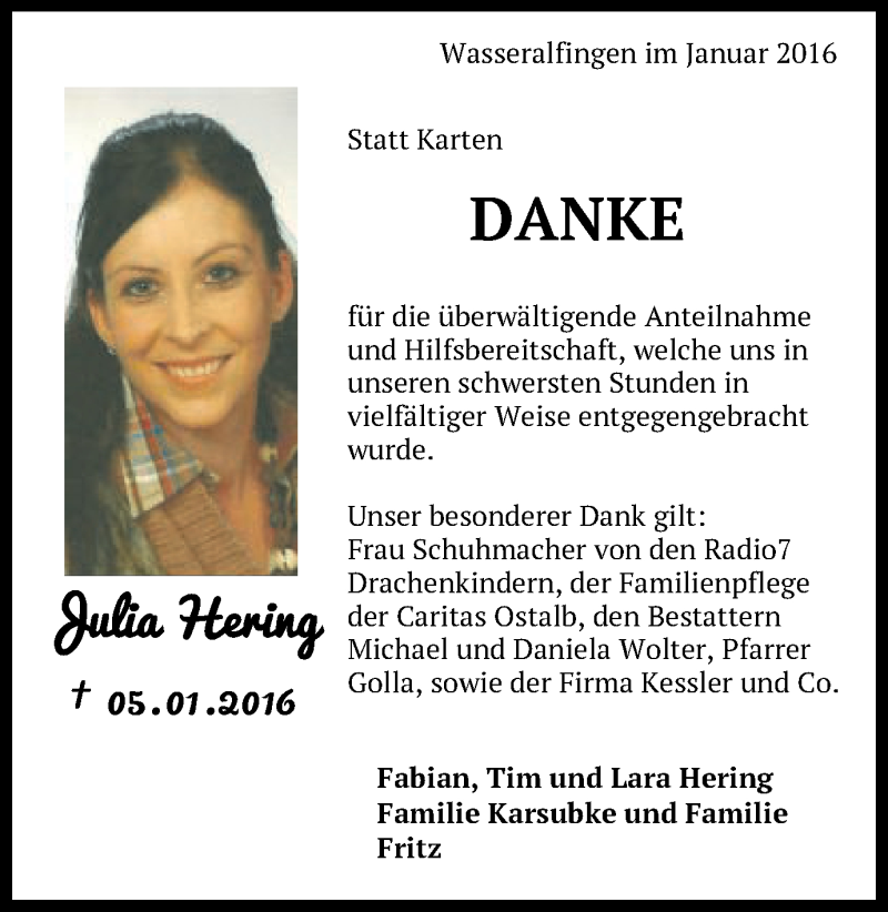  Traueranzeige für Julia Hering vom 30.01.2016 aus Schwäbische Post