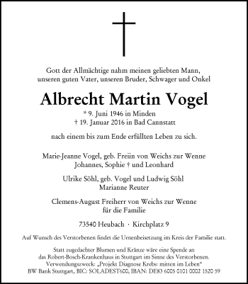 Traueranzeige von Albrecht Martin Vogel  von Gmünder Tagespost