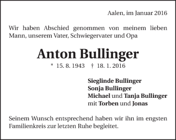 Traueranzeige von Anton Bullinger von Schwäbische Post