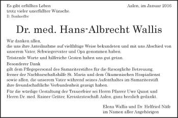 Traueranzeige von Hans-Albrecht Wallis von Schwäbische Post