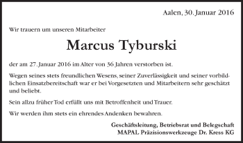 Traueranzeige von Marcus Tyburski von Gmünder Tagespost
