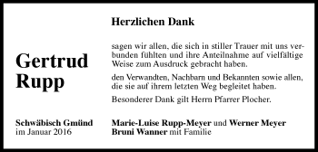 Traueranzeige von Gertrud Rupp von Gmünder Tagespost