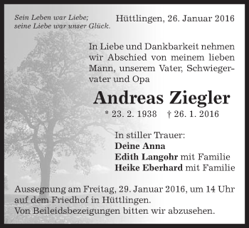 Traueranzeige von Andreas Ziegler von Schwäbische Post