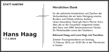 Traueranzeige von Hans Haag von Schwäbische Post