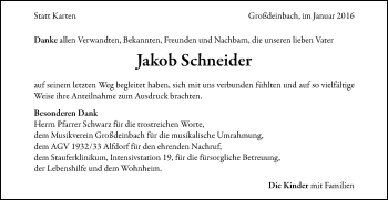 Traueranzeige von Jakob Schneider von Gmünder Tagespost